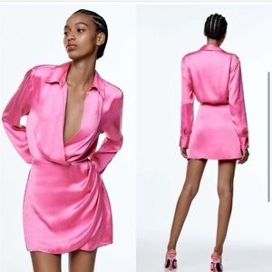 Zara Satin-Like Pink Long Sleeve Mini Dress